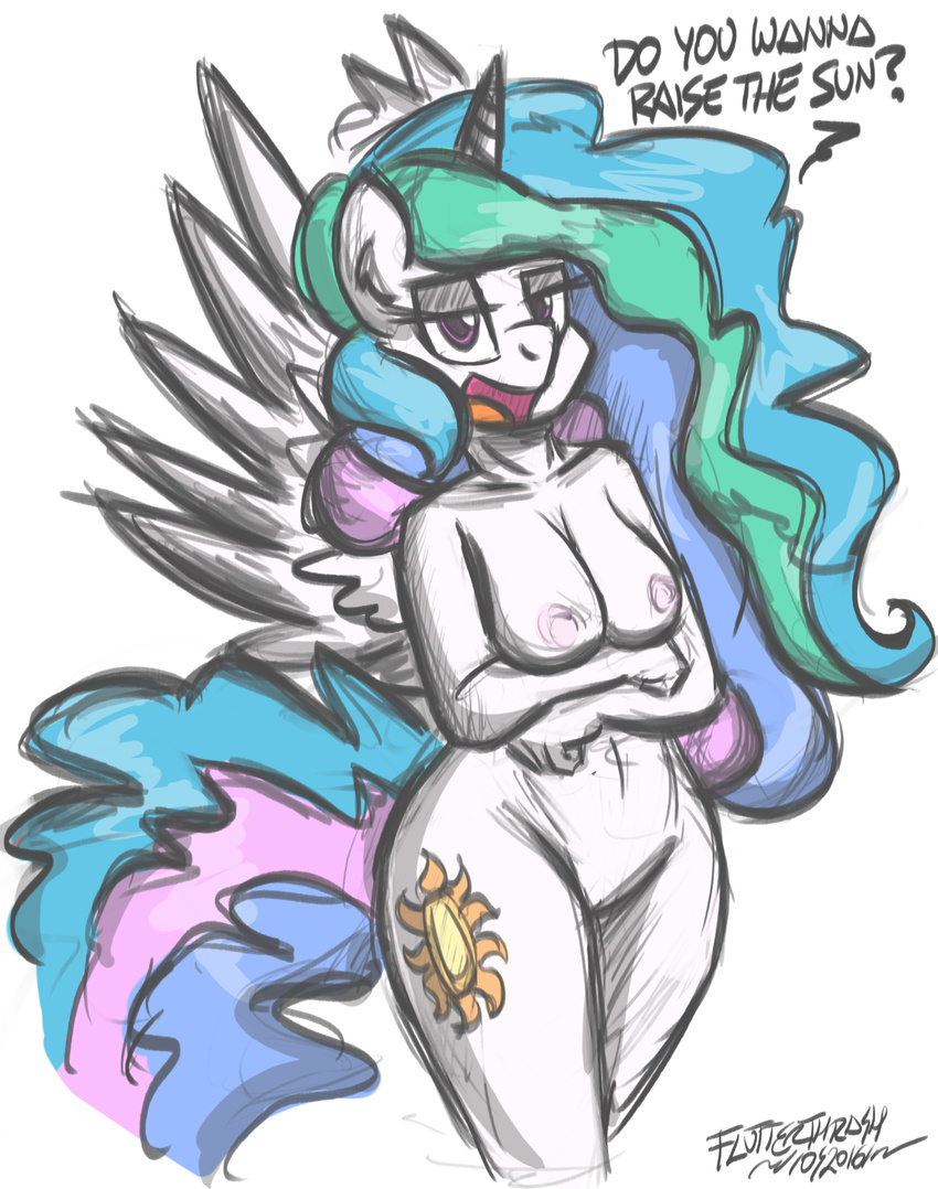anthro breasts equine female flutterthrash friendship_is_magic horn looking_at_viewer mammal my_little_pony nipples nude princess_celestia_(mlp) simple_background solo white_background winged_unicorn wings