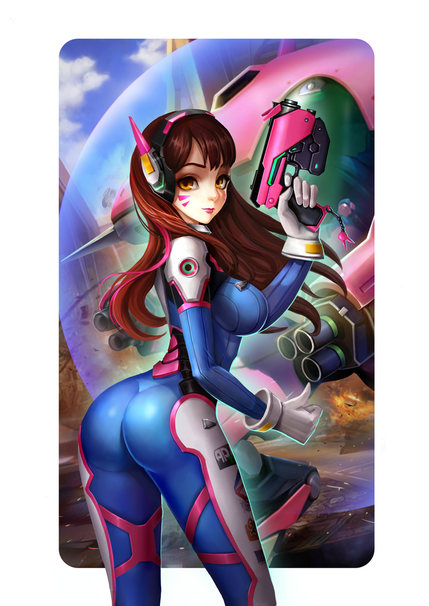 absurdres alternate_breast_size arm_cannon ass bangs blue_bodysuit blue_sky bodysuit boots bracer breasts brown_eyes brown_hair charm_(object) closed_mouth cloud cloudy_sky cowboy_shot d.va_(overwatch) day debris emblem eyelashes facepaint facial_mark finger_on_trigger fire from_behind gatling_gun gloves gun hand_up headgear headphones highres holding holding_gun holding_weapon large_breasts le_(huanglongen) legs_apart lipstick logo long_hair long_sleeves looking_back makeup mecha meka_(overwatch) nose overwatch pauldrons pilot_suit pink_lips purple_lips purple_lipstick ribbed_bodysuit shards shoulder_pads skin_tight skindentation sky solo standing thigh_boots thigh_strap thighhighs thumbs_up turtleneck weapon whisker_markings white_footwear white_gloves white_legwear