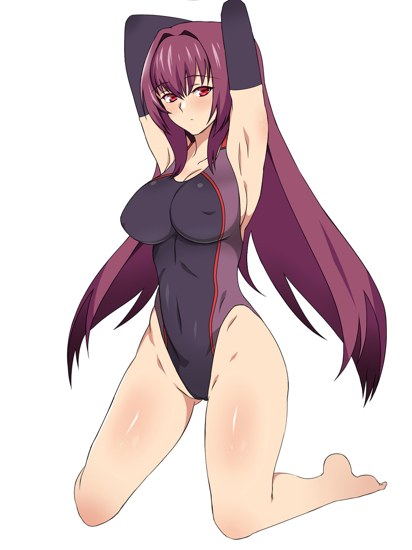 armpits arms_behind_head barefoot black_gloves blush breasts competition_swimsuit covered_navel covered_nipples elbow_gloves fate/grand_order fate_(series) gloves groin highres kagemusha kneeling large_breasts long_hair looking_at_viewer one-piece_swimsuit purple_hair red_eyes scathach_(fate)_(all) scathach_(fate/grand_order) simple_background solo swimsuit white_background
