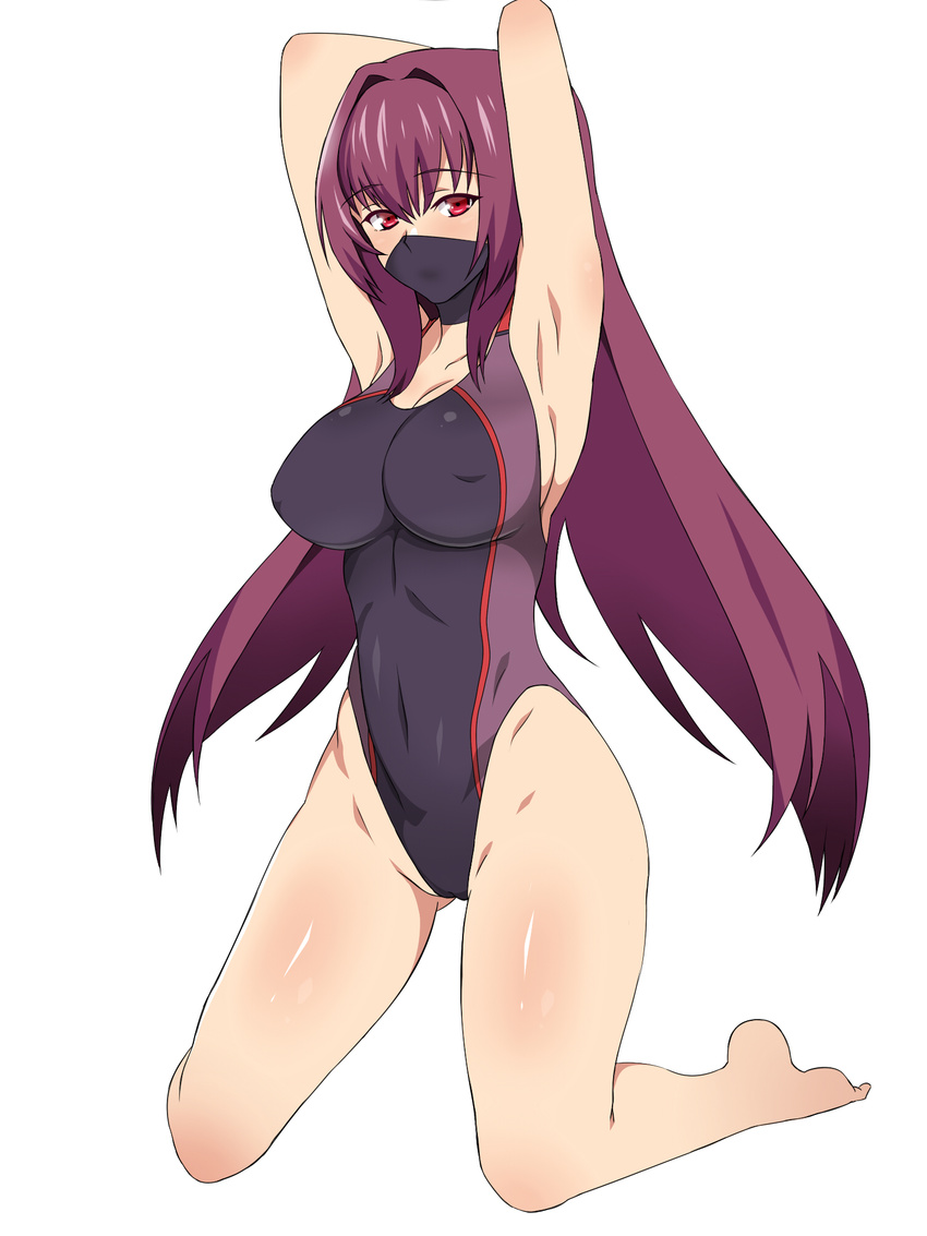 armpits arms_behind_head blush breasts competition_swimsuit covered_navel covered_nipples face_mask fate/grand_order fate_(series) groin highres kagemusha kneeling large_breasts long_hair looking_at_viewer mask one-piece_swimsuit purple_hair red_eyes scathach_(fate)_(all) scathach_(fate/grand_order) simple_background solo swimsuit white_background