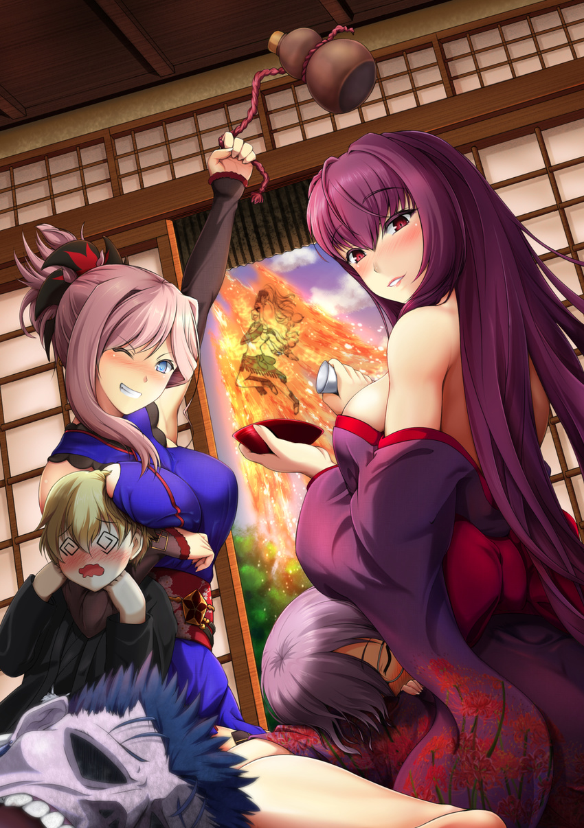 4girls @_@ alcohol alternate_costume bare_shoulders blue_eyes blue_hair blush bol_(liliymimi) bottle breasts child_gilgamesh commentary_request cup drunk fate/grand_order fate_(series) fire folded_ponytail glasses gourd highres hollow_eyes indoors japanese_clothes kimono lancer lap_pillow large_breasts long_hair looking_at_viewer mash_kyrielight miyamoto_musashi_(fate/grand_order) multiple_boys multiple_girls off_shoulder one_eye_closed ponytail purple_hair quetzalcoatl_(fate/grand_order) red_eyes sakazuki sake sash scathach_(fate)_(all) scathach_(fate/grand_order) sliding_doors tokkuri