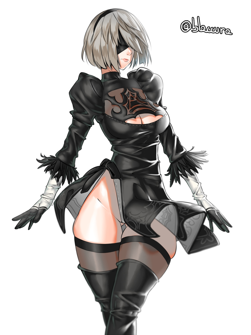 black_dress blindfold burakku-ra dress hairband highres hips lips mole mole_under_mouth nier_(series) nier_automata short_hair silver_hair simple_background solo thick_thighs thighs twitter_username white_background yorha_no._2_type_b