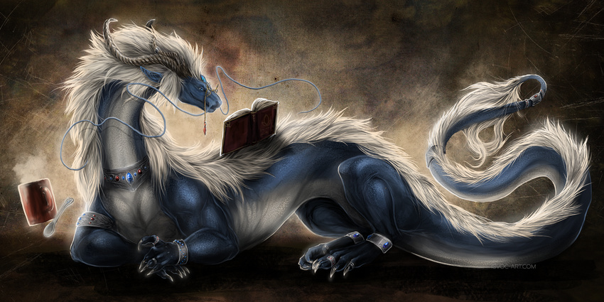 blue_eyes book claws curved_horn dragon eastern_dragon feral hair horn isvoc lying nude reading smile solo white_hair