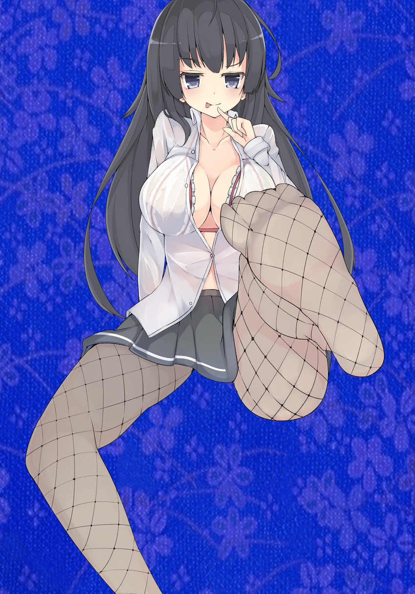 1girl :p absurdres black_hair cleavage dress_shirt feet finger_to_mouth fishnets large_breasts leg_lift long_hair looking_at_viewer no_shoes open_shirt pov pov_feet see-through sitting skirt soles toes