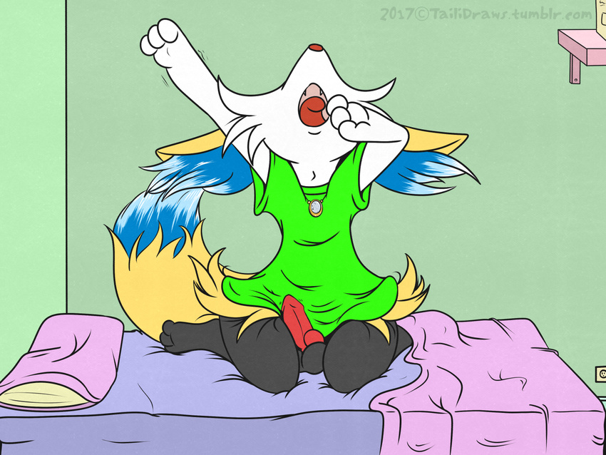 animal_genitalia animal_penis anthro balls bed bottomless braixen canine canine_penis clothed clothing erection front_view kneeling knot male mammal morning_wood mrpandragon nintendo on_bed open_mouth oversized_shirt pendant penis pok&eacute;mon signature solo stretching tongue tongue_out video_games yawn