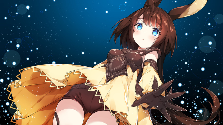 animal_ears armor armored_dress bangs belt black_gloves black_shorts blue_background blue_eyes blush breastplate breasts brown_hair bunny_ears chitetan closed_mouth cowboy_shot detached_sleeves dress dutch_angle eyebrows_visible_through_hair eyelashes from_below frown gloves horn light_particles long_hair looking_at_viewer moon_al-mi'raj night night_sky open_hand palms shadowverse shingeki_no_bahamut shorts sky small_breasts solo spread_fingers thigh_strap upskirt very_long_hair yellow_dress
