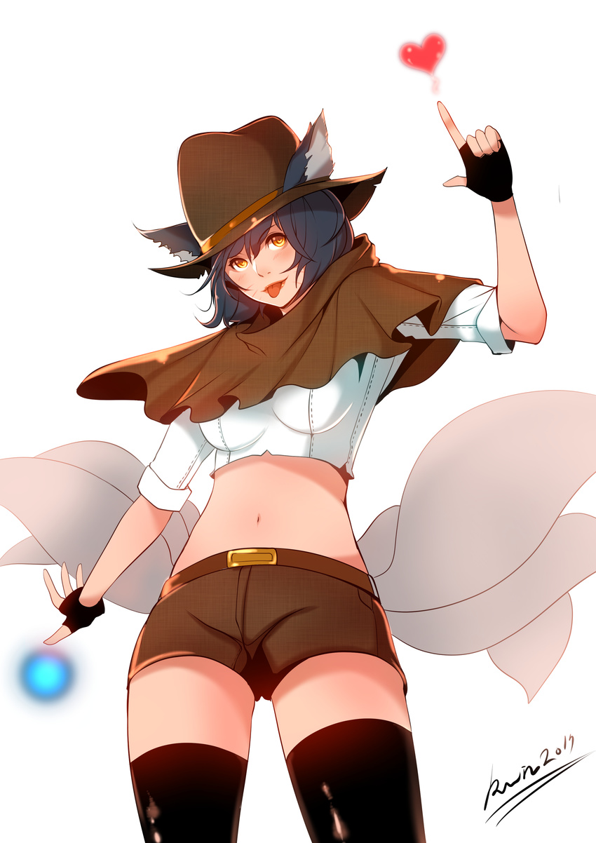 absurdres ahri alternate_costume alternate_hair_color animal_ears black_hair black_legwear breasts cowboy_hat facial_mark fox_ears fox_tail hat heart highres large_breasts league_of_legends lips long_hair midriff multiple_tails navel rude_ruin simple_background slit_pupils solo tail thighhighs tongue tongue_out whisker_markings white_background yellow_eyes