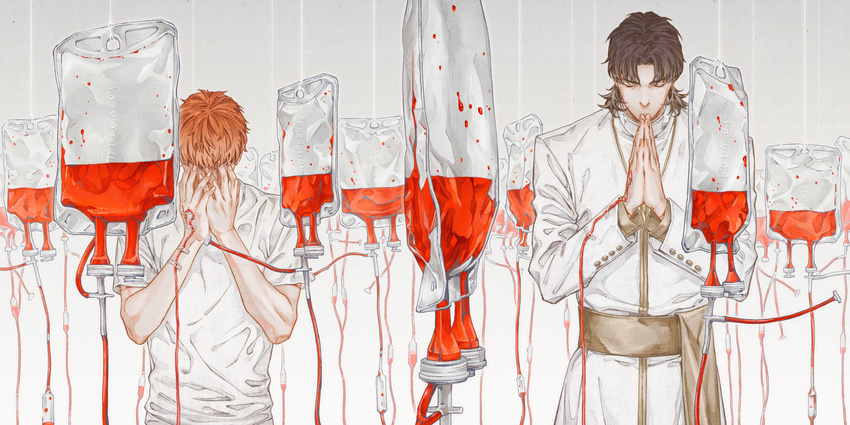 bangs black_hair blood blood_bag cassock chazy closed_eyes covered_face covering_face emiya_shirou facing_viewer fate_(series) fingernails gradient gradient_background grey_background hands_on_own_face highres intravenous_drip kotomine_kirei long_sleeves male_focus multiple_boys orange_hair own_hands_together parted_bangs praying sash shirt short_sleeves t-shirt tape transparent upper_body white_shirt