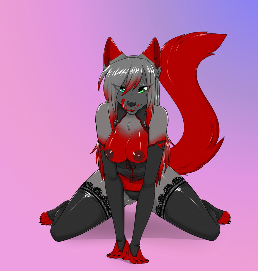 anthro breasts canine clothing female kneeling legwear licking licking_lips lingerie looking_at_viewer mammal nipples panties racerdragon smile solo stockings thick_thighs tongue tongue_out underwear
