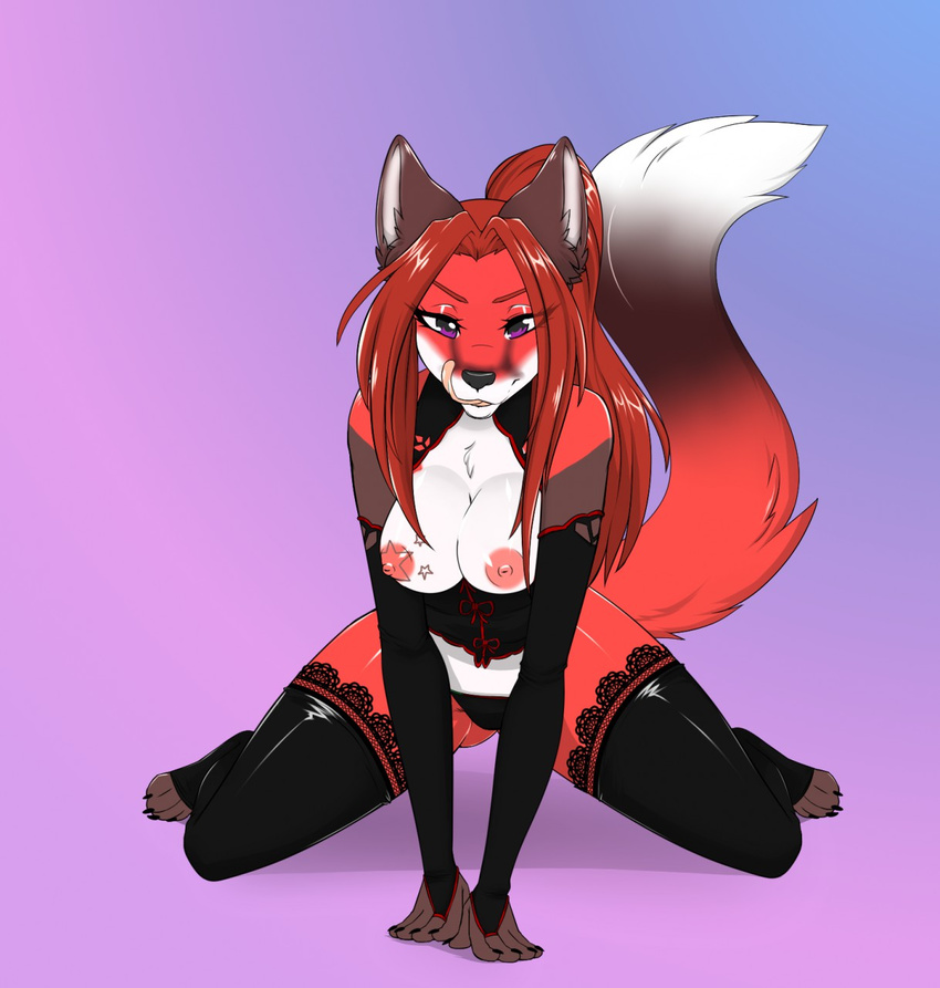 anthro breasts canine clothing female kneeling legwear licking licking_lips lingerie looking_at_viewer mammal nipples panties racerdragon smile solo stockings thick_thighs tongue tongue_out underwear