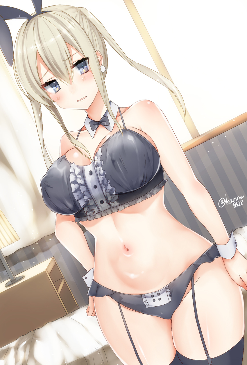 animal_ears bare_shoulders bed black_bra black_legwear black_panties blonde_hair blue_eyes blush bra breasts bunny_ears center_frills collarbone commentary_request covered_nipples curtains detached_collar dutch_angle earrings embarrassed eyebrows_visible_through_hair garter_straps graf_zeppelin_(kantai_collection) hair_between_eyes hand_on_hip highres indoors jewelry kantai_collection lamp large_breasts long_hair looking_at_viewer navel panties sakiryo_kanna solo thighhighs twintails twitter_username underwear window wrist_cuffs