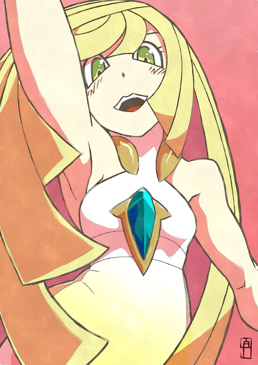 :d arm_up armpits bare_arms bare_shoulders breasts chawalit_adsawawalanon diamond_(shape) dress gem green_eyes highres long_hair looking_at_viewer lusamine_(pokemon) open_mouth pink_background pokemon pokemon_(game) pokemon_sm sleeveless sleeveless_dress small_breasts smile solo teeth turtleneck upper_body very_long_hair white_dress