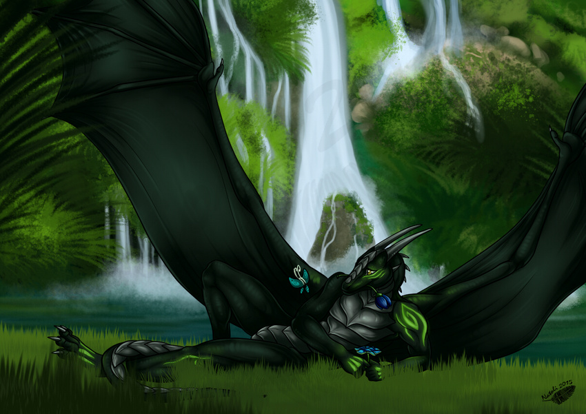 2015 anthro claws day detailed_background digital_media_(artwork) dragon featureless_crotch grass horn lying male membranous_wings natoli nude outside smile solo spines waterfall wings yellow_eyes