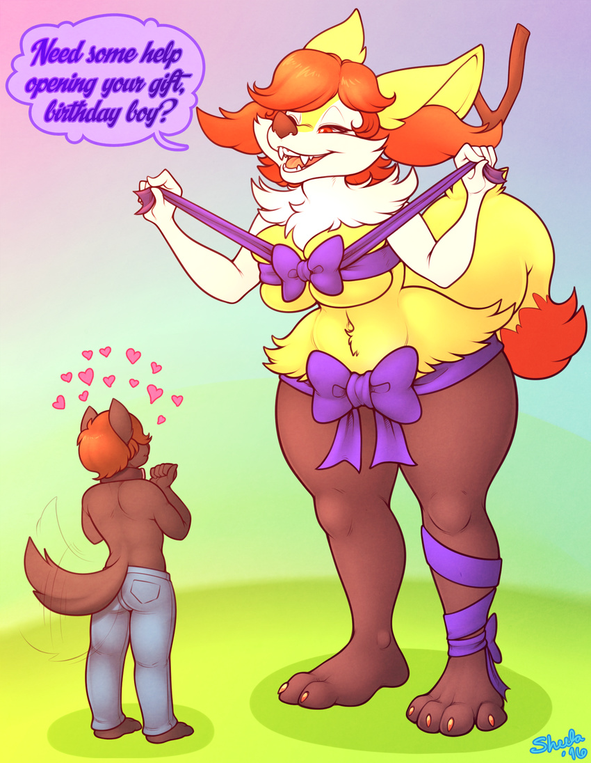 &lt;3 2016 ? big_breasts black_nose black_skin bow braixen breasts canine claws clothing dog english_text fangs female fur hair hindpaw looking_down male mammal nintendo open_mouth orange_fur orange_hair pants paws pok&eacute;mon pok&eacute;morph red_eyes sheela short_hair size_difference skimoy smile standing stick teeth text thick_thighs tongue video_games white_fur wide_hips yellow_fur