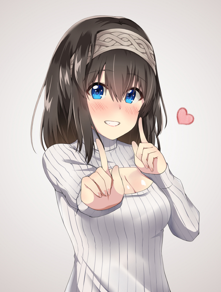 black_hair blue_eyes blush breasts commentary_request hairband heart highres idolmaster idolmaster_cinderella_girls index_finger_raised koi_dance long_hair medium_breasts meme_attire open-chest_sweater open_mouth ribbed_sweater sagisawa_fumika solo spicy_moo sweater teeth turtleneck turtleneck_sweater