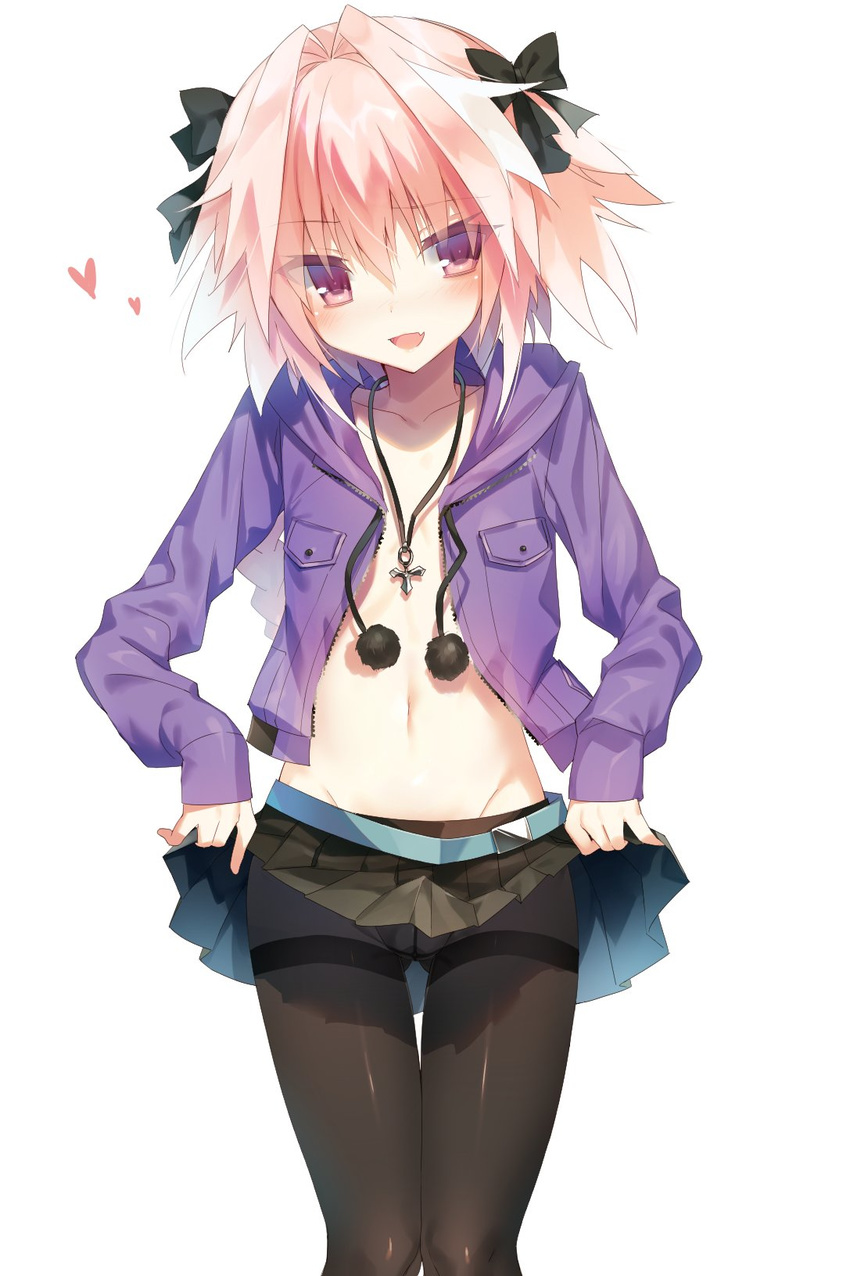 aqua_belt ass_visible_through_thighs astolfo_(fate) bangs belt belt_buckle black_bow black_legwear black_skirt blush bow braid breast_pocket buckle collarbone commentary cross cross_necklace crotch_seam drawstring eyebrows_visible_through_hair eyes_visible_through_hair fate/apocrypha fate/grand_order fate_(series) feet_out_of_frame flat_chest groin hair_between_eyes hair_bow hair_intakes heart highres hood hood_down hooded_jacket jacket jewelry lifted_by_self long_braid long_hair long_sleeves looking_at_viewer loose_belt male_focus miniskirt multicolored_hair navel necklace no_shirt open_clothes open_jacket open_mouth otoko_no_ko panties panties_under_pantyhose pantyhose pigeon-toed pink_hair pleated_skirt pocket pom_pom_(clothes) purple_eyes simple_background single_braid skirt skirt_lift smile solo standing stomach streaked_hair thigh_gap thighband_pantyhose underwear unzipped very_long_hair white_background white_hair yoruneko zipper