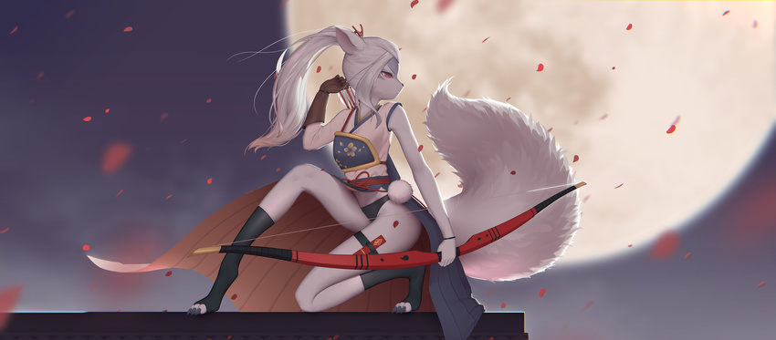 absurdres animal_ears archery arm_at_side arrow bai_lang black_legwear black_panties blurry bow_(weapon) brown_gloves closed_mouth depth_of_field eyelashes floral_print full_body full_moon furry gloves grey_skin high_ponytail highres kneehighs long_hair long_sleeves looking_back maredoro moon moonlight muneate navel night night_sky no_shoes one_knee onmyoji outdoors panties petals pleated_skirt pom_pom_(clothes) ponytail profile red_eyes side_slit single_sleeve skirt sky solo stomach tail thigh_strap toeless_legwear underwear weapon white_background white_hair wolf_ears wolf_girl wolf_tail