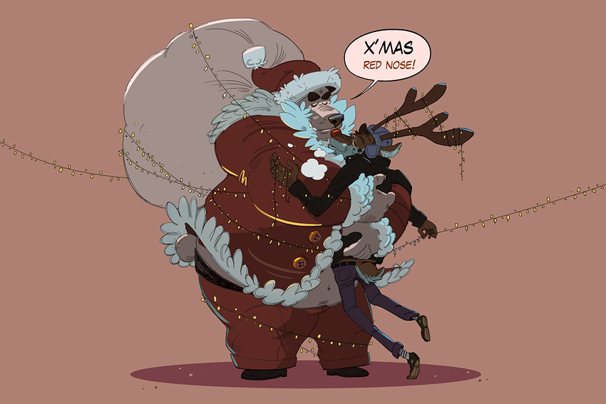 ! 2016 5_fingers anthro antlers bag bear biped black_nose blue_bottomwear blue_clothing brown_clothing brown_fur brown_horn brown_tail brown_topwear cervine christmas christmas_lights clothed clothing coat countershade_face countershade_tail digital_media_(artwork) duo english_text eyebrows eyes_closed footwear fur galgard hat holidays horn hug humanoid_hands jacket jeans larger_male male mammal multicolored_fur multicolored_tail navel overweight overweight_male pants pink_background polar_bear red_bottomwear red_clothing red_nose red_topwear reindeer rudolph santa_claus santa_hat shadow shoes short_tail simple_background size_difference small_tail smaller_male snout speech_bubble standing text two_tone_fur two_tone_tail white_belly white_fur white_tail