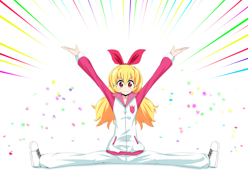 &gt;:) aikatsu! aikatsu!_(series) arms_up blonde_hair blush closed_mouth emphasis_lines full_body hair_ribbon hoshimiya_ichigo long_hair long_sleeves looking_at_viewer outstretched_arms red_eyes red_ribbon ribbon rocha_(aloha_ro_cha) shoes smile solo split track_suit v-shaped_eyebrows white_background white_footwear