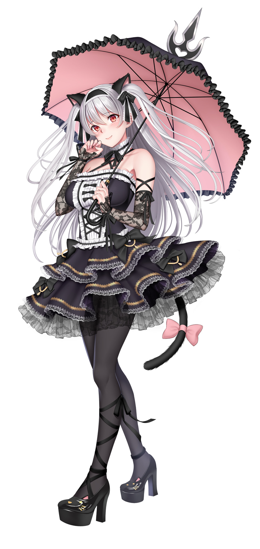 absurdres animal_ears bare_shoulders black_dress black_legwear black_umbrella breasts cat_ears cat_tail detached_sleeves dress full_body gothic_lolita harajuku_mimi high_heels highres large_breasts lolita_fashion long_hair official_art pantyhose parasol red_eyes shimashima08123 silver_hair simple_background smile solo tail tokyo_exe_girls two_side_up umbrella white_background