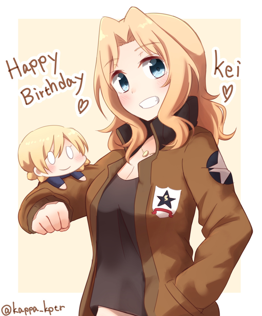 black_shirt blonde_hair blue_eyes brown_jacket character_name chibi commentary_request darjeeling emblem girls_und_panzer grin hair_intakes hand_in_pocket happy_birthday heart highres jacket jewelry kapatarou kay_(girls_und_panzer) long_hair looking_at_viewer military military_uniform minigirl multiple_girls necklace outside_border saunders_(emblem) saunders_military_uniform shirt simple_background smile st._gloriana's_school_uniform standing star twitter_username uniform upper_body yellow_background
