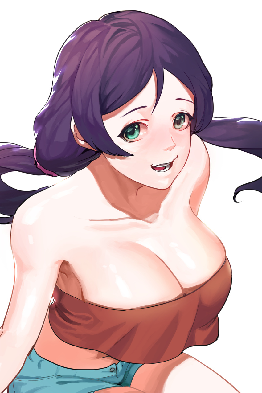 bare_shoulders breasts cleavage collarbone crop_top crop_top_overhang green_eyes highres large_breasts long_hair love_live! love_live!_school_idol_project low_twintails midriff parted_lips purple_hair scrunchie short_shorts shorts smile solo strapless toujou_nozomi tubetop twintails yeonong
