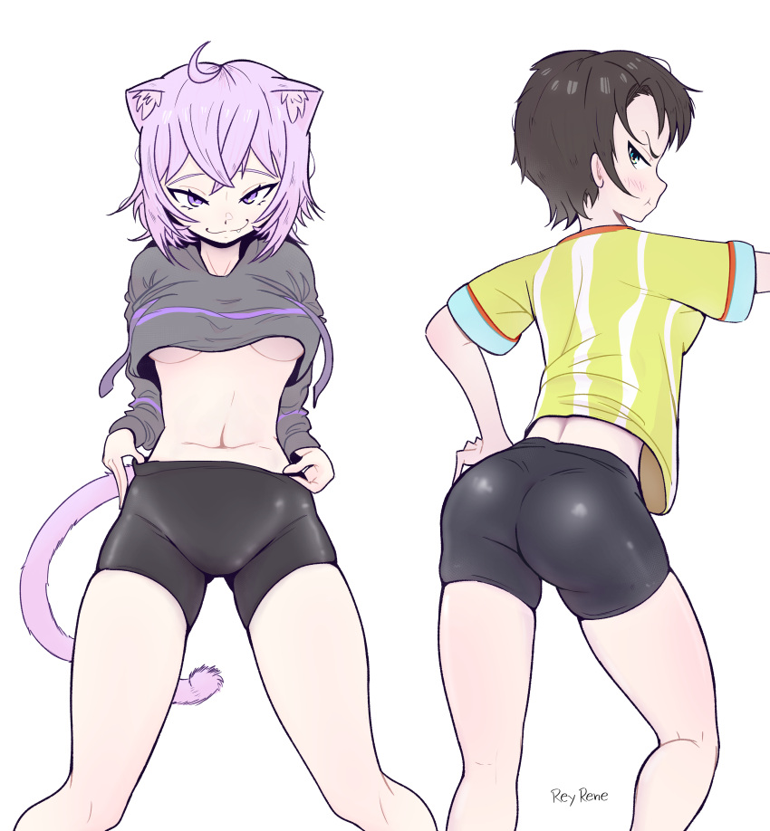 2girls :3 :t absurdres ahoge animal_ear_fluff animal_ears artist_name ass ass_visible_through_thighs bike_shorts black_hair black_shirt black_shorts breasts cat_ears cat_tail cowboy_shot crossed_bangs fang from_behind hand_on_own_hip highres hololive large_breasts long_sleeves looking_at_viewer multiple_girls navel nekomata_okayu nekomata_okayu_(1st_costume) oozora_subaru oozora_subaru_(1st_costume) pout purple_hair rey_rene shirt short_hair short_sleeves shorts simple_background skin_tight skindentation tail thighhighs thighs tsurime underboob undressing v-shaped_eyebrows virtual_youtuber white_background yellow_shirt