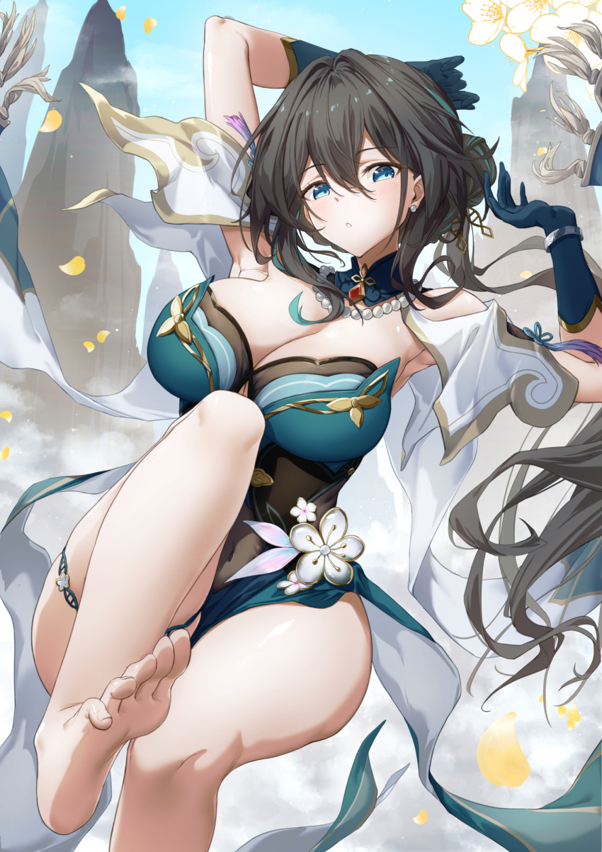 1girl aqua_dress aqua_eyes aqua_gloves armpits arms_up bare_legs barefoot bead_necklace beads black_hair blue_sky breasts capelet cleavage commentary_request covered_navel day detached_collar dress falling_petals feet flower foot_out_of_frame gloves hair_between_eyes hands_up high-low_skirt highres honkai:_star_rail honkai_(series) jewelry knee_up large_breasts legs looking_at_viewer midair mountain necklace parted_lips petals ruan_mei_(honkai:_star_rail) sidelocks sky soles solo strapless strapless_dress thigh_strap toenails toes white_capelet white_flower xfate