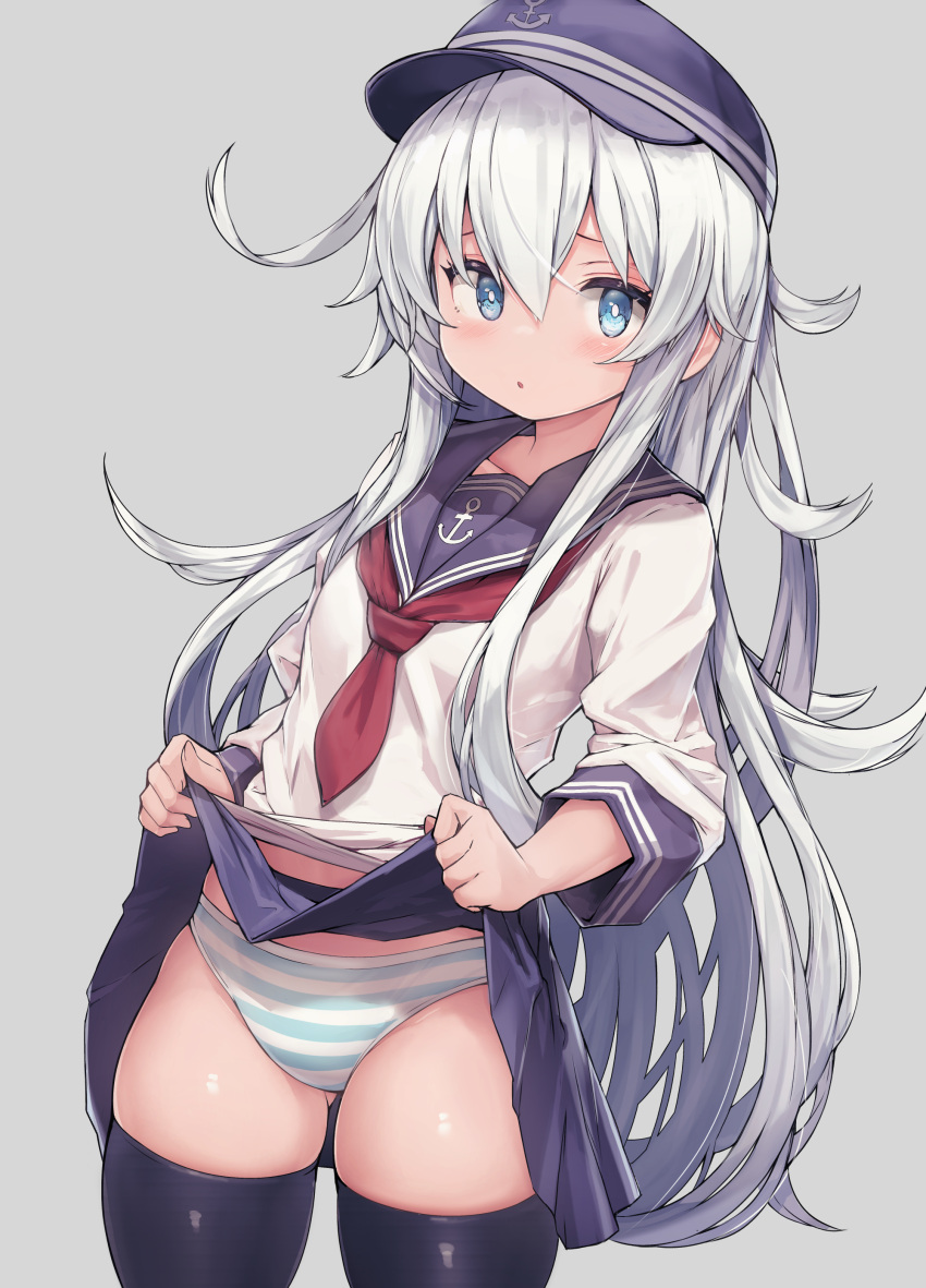 1girl absurdres anchor_symbol ass_visible_through_thighs black_socks blue_eyes blue_sailor_collar clothes_lift cowboy_shot grey_background grey_hair hat hibiki_(kancolle) highres kantai_collection kneehighs lifted_by_self long_hair long_sleeves looking_at_viewer military_hat miniskirt open_mouth panties peaked_cap pleated_skirt red_ribbon ribbon sailor_collar school_uniform serafuku siesta_(artist) simple_background skindentation skirt skirt_lift socks solo standing striped striped_panties underwear white_serafuku