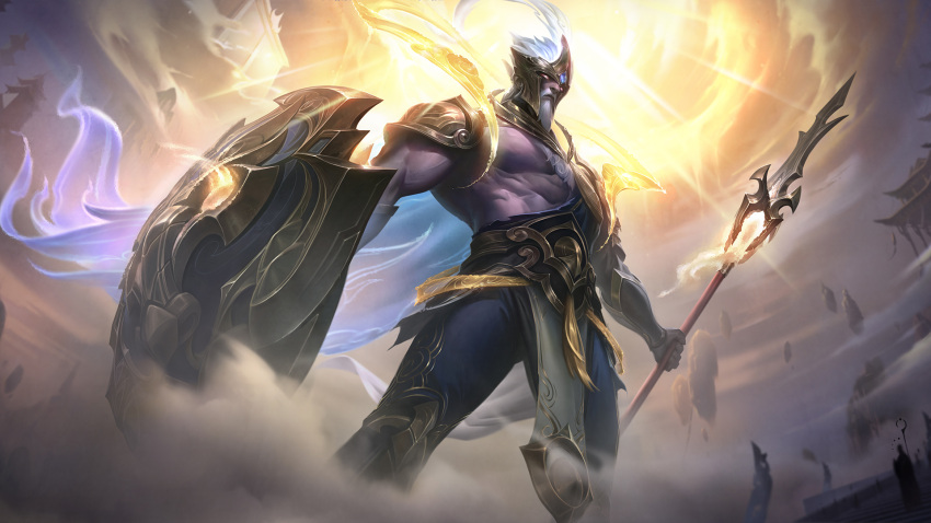 1boy beard cloud dust facial_hair glowing glowing_eyes helmet highres holding holding_polearm holding_shield holding_weapon league_of_legends league_of_legends:_wild_rift lunar_guardian_pantheon male_focus muscular muscular_male official_alternate_costume official_alternate_hairstyle official_art outdoors pantheon_(league_of_legends) polearm serious shield solo standing sunlight weapon white_hair yellow_eyes