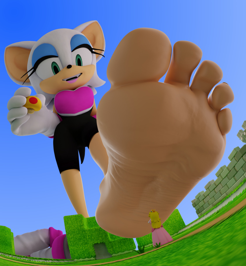 2023 3d_(artwork) 5_toes anthro bat blue_eyeshadow boots_removed digital_media_(artwork) duo dwighteisenhower extreme_size_difference eyeshadow feet female foot_focus fungus hi_res human humanoid_feet imminent_stomp larger_female lipstick macro makeup mammal mario_bros mega_mushroom mushroom nintendo plantigrade princess_peach rouge_the_bat sega size_difference smaller_female soles sonic_the_hedgehog_(series) toes