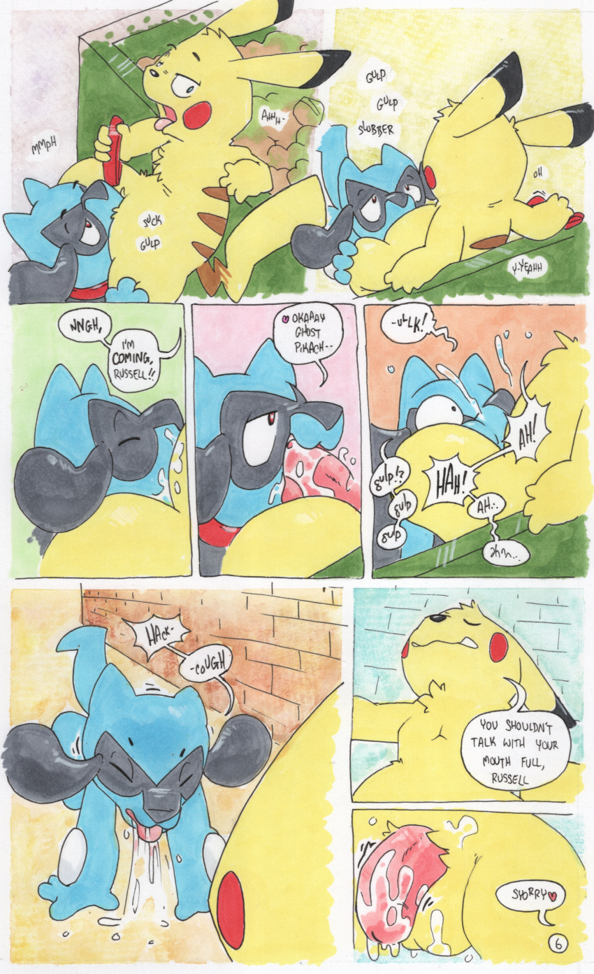 &lt;3 absurd_res anus argon_vile balls bodily_fluids chest_tuft collar comic coughing coughing_cum cum cum_on_balls cum_on_ground cum_on_penis deep_throat derp_eyes dialogue dumpster english_text eye_bulge forced forced_oral generation_1_pokemon generation_4_pokemon genital_fluids genitals green_eyes hi_res holding_leash holding_object humanoid_genitalia humanoid_penis leash leashed_collar male male/male nintendo open_mouth oral penis pikachu pokemon pokemon_(species) red_eyes riolu russell_(argon_vile) sex text tongue tongue_out traditional_media_(artwork) tuft