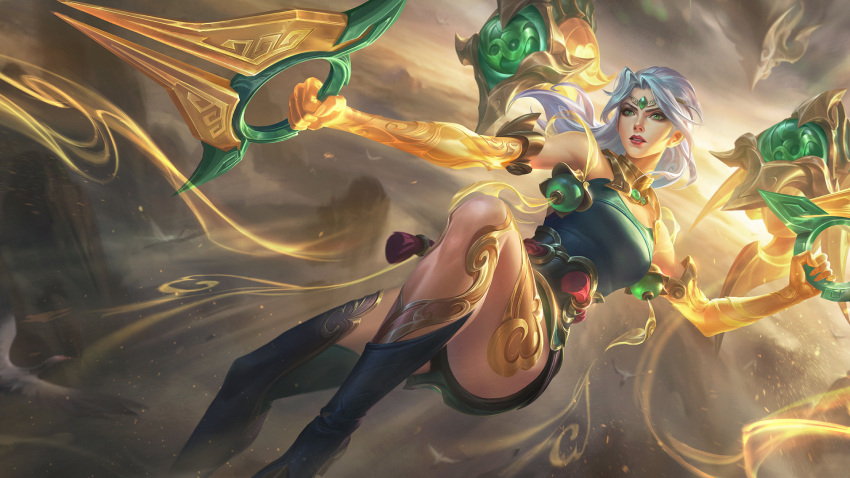 1girl breasts cleavage cloud detached_sleeves dust english_commentary fingernails flying foot_out_of_frame green_eyes highres holding holding_weapon kai'sa league_of_legends league_of_legends:_wild_rift light_particles long_hair looking_ahead lunar_fairy_kai'sa official_alternate_costume official_alternate_hairstyle official_art parted_bangs parted_lips rock solo sunlight weapon white_hair