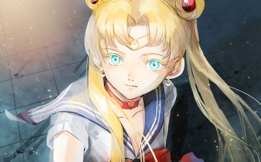 1girl bishoujo_senshi_sailor_moon blonde_hair blue_eyes blue_sailor_collar choker circlet crescent crescent_earrings diadem double_bun earrings hair_bun hair_ornament hair_over_shoulder heart heart_choker highres jewelry kyousituyasan light_particles long_hair magical_girl meme parted_bangs red_choker sailor_collar sailor_moon sailor_moon_redraw_challenge_(meme) sailor_senshi_uniform solo tile_floor tiles tsukino_usagi twintails upper_body very_long_hair