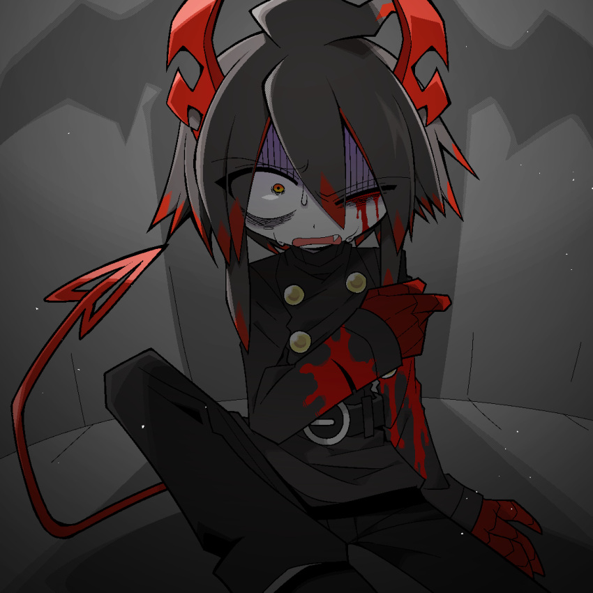 1boy ahoge bags_under_eyes belt black_belt black_footwear black_hair black_pants black_shirt blood blood_from_eyes blood_on_clothes blood_on_face blood_stain buttons colored_skin demon_boy demon_horns demon_tail fang funamusea funamusea_(artist) haiiro_teien horns injury ivlis_(haiiro_teien) long_hair multicolored_hair official_art one_eye_closed open_mouth pants shaded_face shadow shirt solo stain streaked_hair sweat sweatdrop tail two-tone_hair white_skin yellow_eyes