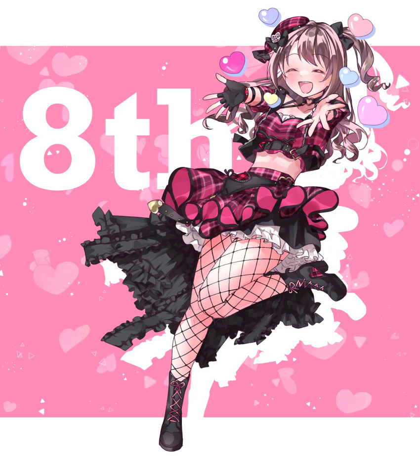 1girl blush boots bow brown_hair choker closed_eyes crop_top cross-laced_footwear curly_hair drop_shadow fingerless_gloves fishnet_pantyhose fishnets full_body gloves hair_bow hat heart heart_o-ring high-low_skirt high_heel_boots high_heels highres idolmaster idolmaster_cinderella_girls idolmaster_cinderella_girls_starlight_stage koriyukika032 lace-up_boots layered_skirt long_hair midriff mini_hat o-ring o-ring_choker one_side_up open_mouth outstretched_arms pantyhose plaid plaid_headwear plaid_shirt plaid_skirt shimamura_uzuki shirt short_sleeves skirt smile solo standing standing_on_one_leg studded_bracelet