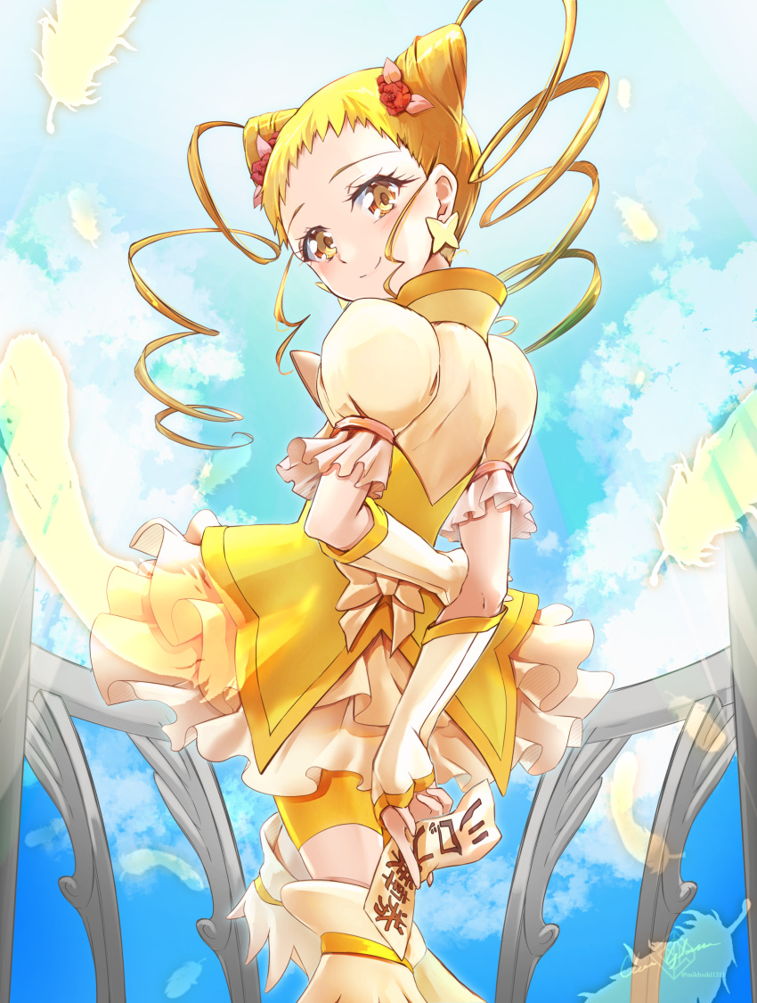 1girl artist_name blonde_hair blush butterfly_brooch butterfly_earrings clear_glass_(mildmild1311) cloud commentary_request cure_lemonade drill_hair drill_sidelocks earrings eyelashes flower hair_flower hair_ornament happy highres jewelry kasugano_urara_(yes!_precure_5) long_hair looking_at_viewer magical_girl precure puffy_short_sleeves puffy_sleeves ribbon short_sleeves sidelocks signature sky smile solo standing translation_request twintails twitter_username vest yellow_eyes yes!_precure_5 yes!_precure_5_gogo!