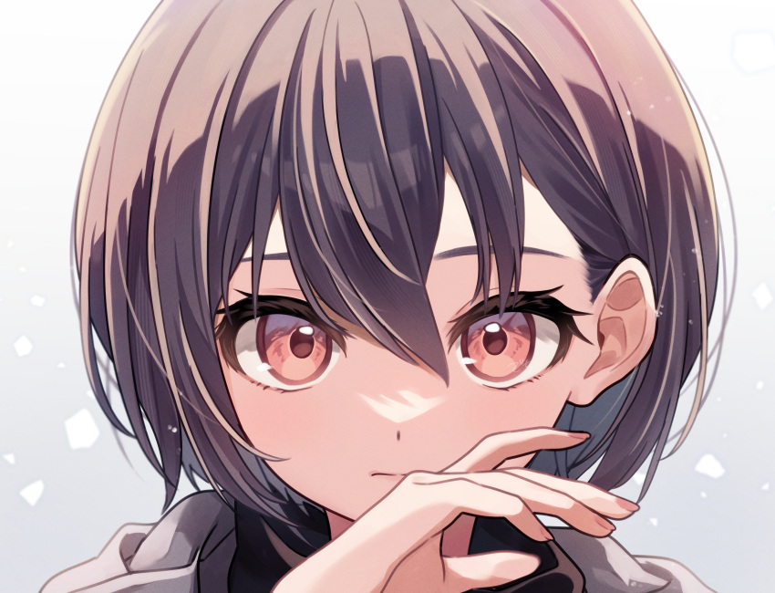 1girl absurdres bang_dream! bang_dream!_it's_mygo!!!!! black_shirt brown_eyes brown_hair closed_mouth commentary_request dechi fingernails gradient_background grey_background grey_jacket hair_behind_ear hair_between_eyes hand_to_own_mouth hand_up highres hood hood_down hooded_jacket jacket light_particles looking_at_viewer portrait shirt short_hair solo takamatsu_tomori white_background