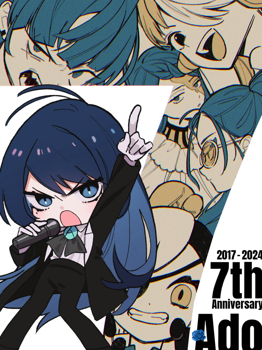 6+girls ado_(utaite) anniversary black_coat black_pants blue_eyes blue_hair boxing_gloves braid braided_bangs chando_(ado) chibi clenched_teeth closed_mouth cloud_nine_inc coat collared_shirt colored_inner_hair commentary english_commentary eyepatch gira_gira gloves hair_over_one_eye highres holding holding_microphone index_finger_raised long_hair long_sleeves looking_at_viewer lugosi_(ado) microphone mixed-language_commentary mole mole_under_eye multicolored_hair multiple_girls naima_(ado) odo_(song) one_piece one_piece_film:_red open_clothes open_coat open_mouth orange_hair pants parted_lips riseno sharp_teeth shirt show_(ado) split-color_hair teeth tinted_eyewear twintails two-tone_hair usseewa uta_(one_piece) utaite voice_actor_connection white_gloves white_hair white_shirt yellow-tinted_eyewear yellow_eyes