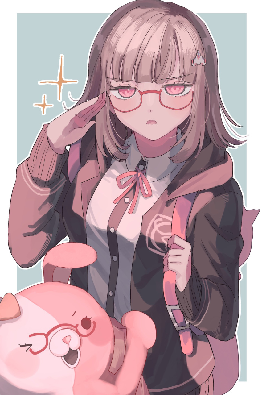 1girl backpack bag black_shirt border bow breasts brown_jacket d: danganronpa_(series) danganronpa_2:_goodbye_despair dress_shirt ear_bow galaga glasses green_background hair_ornament highres ibushi_(kuyuru_29) jacket large_breasts long_sleeves medium_hair monomi_(danganronpa) nanami_chiaki neck_ribbon open_clothes open_jacket pink_bag pink_eyes pink_ribbon red-framed_eyewear ribbon shirt solo upper_body white_border white_shirt