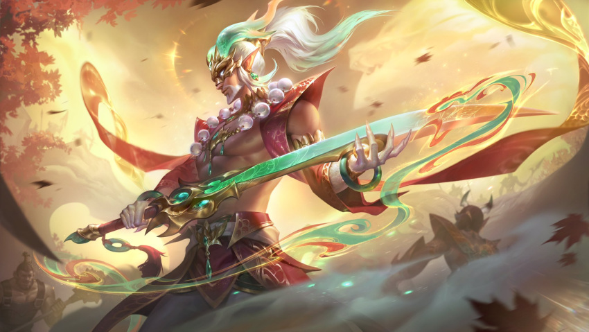 1boy abs beard cowboy_shot dragon_horns dust eye_mask facial_hair fighting fingernails heavenscale_master_yi highres holding holding_sword holding_weapon horns jewelry leaf league_of_legends long_hair male_focus master_yi muscular muscular_male necklace nipples official_alternate_costume official_alternate_hairstyle official_art outdoors petals pointy_ears ponytail sharp_fingernails sky solo_focus sword tree weapon white_hair