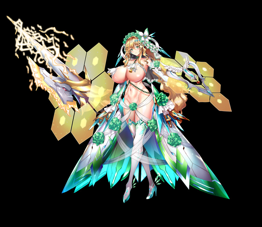 1girl areola_slip bare_shoulders bell black_background blonde_hair blue_eyes breasts chain collar commentary_request elbow_gloves electricity floating_clothes flower frills full_body gem gloves green_flower green_rose groin hair_flower hair_intakes hair_ornament headdress heart high_heels highres holding holding_polearm holding_weapon huge_breasts lance long_hair navel original polearm q_azieru revealing_clothes rose shield sidelocks simple_background solo standing thighhighs veil very_long_hair weapon white_flower