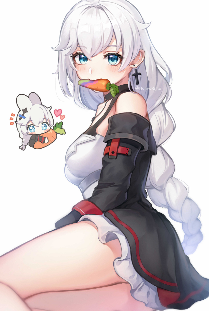 1girl absurdres animal_ears ass bare_shoulders black_jacket blue_eyes braid breasts carrot chibi chibi_inset commentary cross cross_earrings dress earrings food_in_mouth hair_between_eyes highres hn_(honyori_ta) honkai_(series) honkai_impact_3rd jacket jewelry kallen_kaslana kallen_kaslana_(sin_hunter) kemonomimi_mode latin_cross long_sleeves medium_breasts mouth_hold multiple_views off_shoulder rabbit_ears simple_background sleeveless sleeveless_dress symbol-only_commentary twitter_username white_background white_dress white_hair