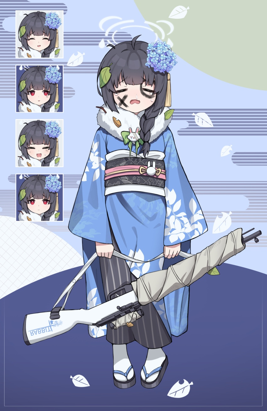 1girl absurdres ahoge black_footwear black_hair black_pants blue_archive blue_background blue_kimono bow braid closed_eyes closed_mouth crying egasumi facepaint flower full_body fur-trimmed_kimono fur_trim green_bow grey_halo gun hakama hakama_pants halo highres holding holding_gun holding_weapon hydrangea hydrangea_hair_ornament japanese_clothes kimono leaf leaf_background leaf_on_head leaf_print miyu_(blue_archive) multiple_views nervous_sweating new_year obi open_mouth pants rabbit_ornament raised_eyebrows red_eyes reflector178 rifle runny_nose sash scared single_braid smile snot socks solo striped striped_pants sweat tabi tears turn_pale weapon white_socks zouri