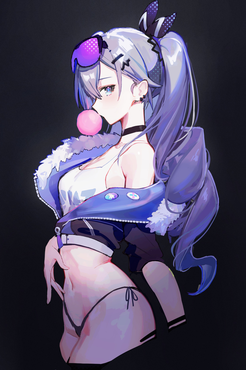 1girl absurdres bare_shoulders bikini black_choker black_jacket breasts bubble_blowing choker crop_top cropped_jacket cropped_legs drill_hair from_side fur_trim goggles goggles_on_head gradient_hair grey_eyes grey_hair hair_ribbon highleg highleg_bikini highres honkai:_star_rail honkai_(series) jacket long_hair long_sleeves looking_at_viewer lysh multicolored_hair navel no_pants off_shoulder open_clothes open_jacket ponytail profile ribbon shirt side-tie_bikini_bottom silver_wolf_(honkai:_star_rail) sleeveless sleeveless_shirt small_breasts solo stomach string_bikini swimsuit thighs very_long_hair white_shirt