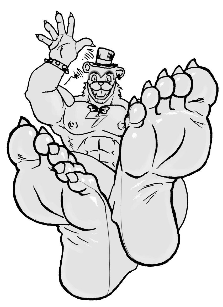 5_toes abs absurd_res anthro claws feet five_nights_at_freddy's five_nights_at_freddy's:_security_breach foot_fetish foot_focus glamrock_freddy_(fnaf) hi_res humanoid_feet looking_at_viewer male monochrome muscular muscular_male nipples nude plantigrade scottgames soles solo steel_wool_studios toe_claws toes y40ifan