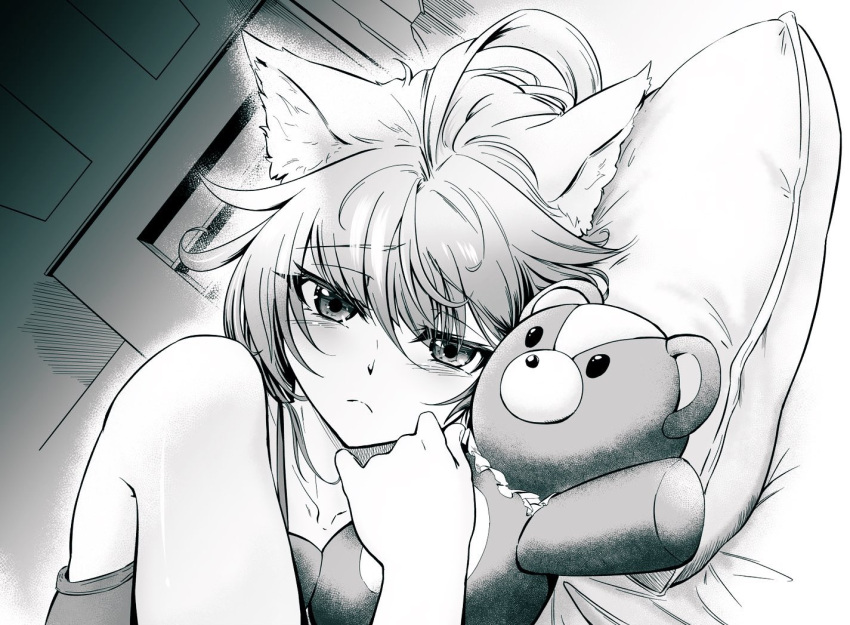 1girl ahoge alternate_costume animal_ears atalanta_(fate) bed blush camisole cat_ears closed_mouth fate/apocrypha fate/grand_order fate_(series) frown greyscale long_hair looking_at_viewer lying monochrome morino_fukurou on_side pillow solo stuffed_animal stuffed_toy teddy_bear upper_body