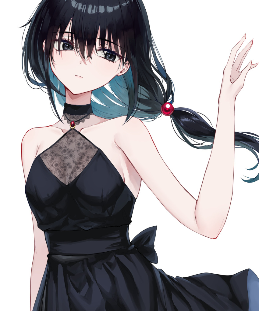 1girl bare_shoulders black_dress black_hair breasts closed_mouth collarbone commentary_request dress floating_hair grey_eyes hair_between_eyes hand_up head_tilt highres long_hair original piripun see-through simple_background sleeveless sleeveless_dress small_breasts solo very_long_hair white_background