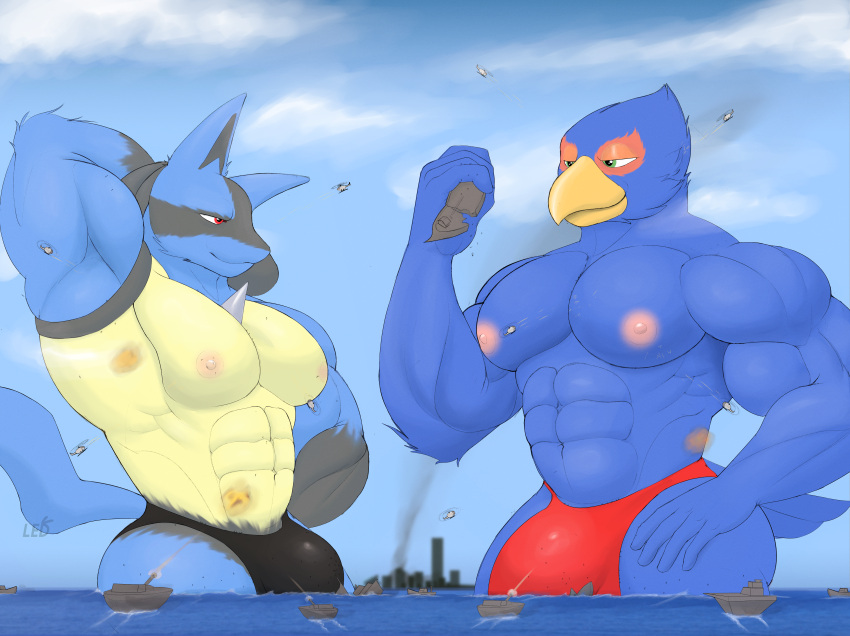abs absurd_res aircraft airplane anthro armpit_showing avian beak blue_body bulge canid canine city clothing destruction detailed_bulge duo falco_lombardi generation_4_pokemon helicopter hi_res jet led_owo lucario macro male mammal muscular muscular_anthro muscular_male nintendo nipples non-mammal_nipples pecs pokemon pokemon_(species) sea ship speedo spines star_fox swimwear tail vehicle water watercraft