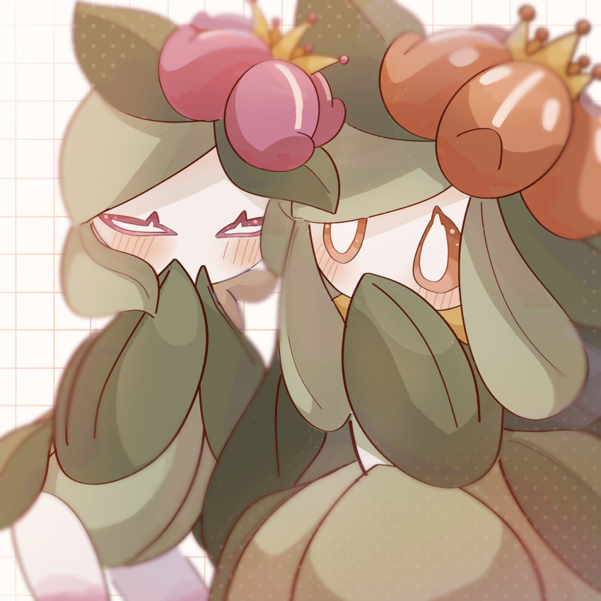 2girls blurry colored_sclera colored_skin commentary_request cowboy_shot crown depth_of_field flower green_hair green_skin grid_background hair_flower hair_ornament half-closed_eyes hand_to_own_mouth hand_up highres hisuian_lilligant lilligant long_hair looking_at_another mini_crown monster_girl multicolored_skin multiple_girls own_hands_together partial_commentary pink_flower pink_sclera plant_girl pokemon pokemon_(creature) red_flower red_sclera short_hair sidelocks standing swept_bangs tamako_(pixiv_71110817) two-tone_skin white_background white_eyes white_skin yellow_headwear